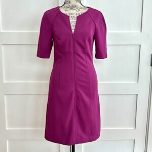 Vintage Trina Turk Size 0 Fuschia Zip Front Short Sleeve Sheath Mini Dress - USA